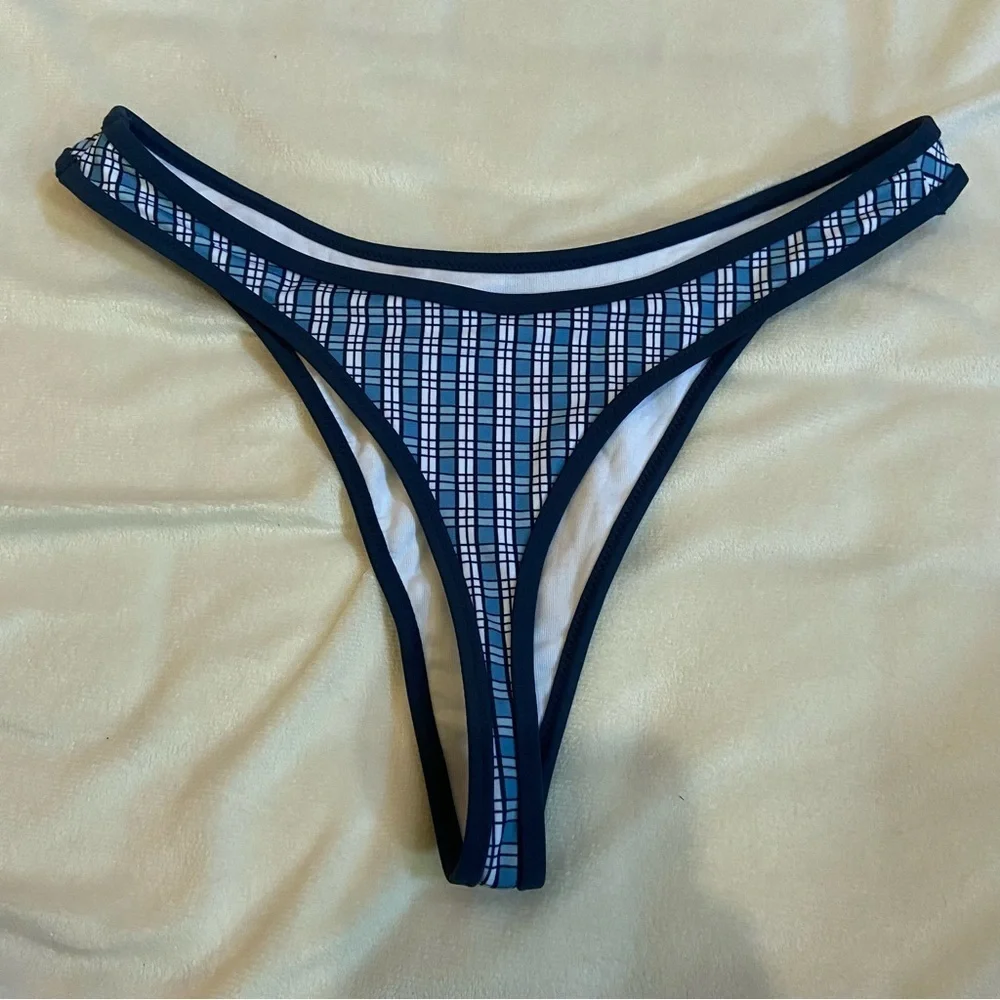 New! Frankie's Bikinis PINK moon bay Navy Plaid thong Bikini Bottom 1573